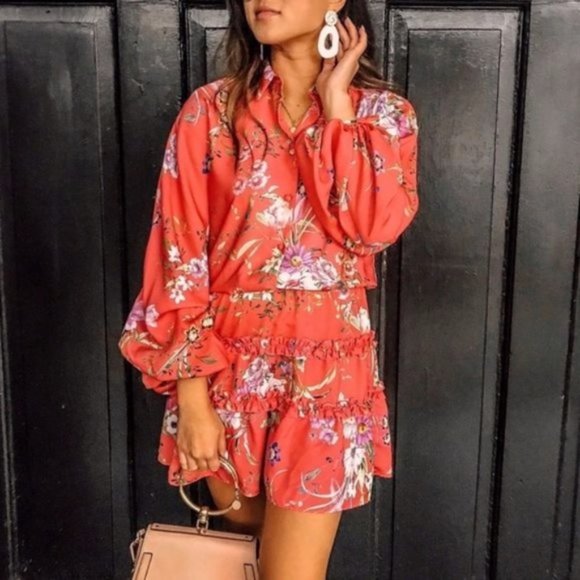 Alexis Loe Floral Ruffle Long Puff Sleeve Ruffle Mini Dress Red Orange XS - Picture 5 of 14